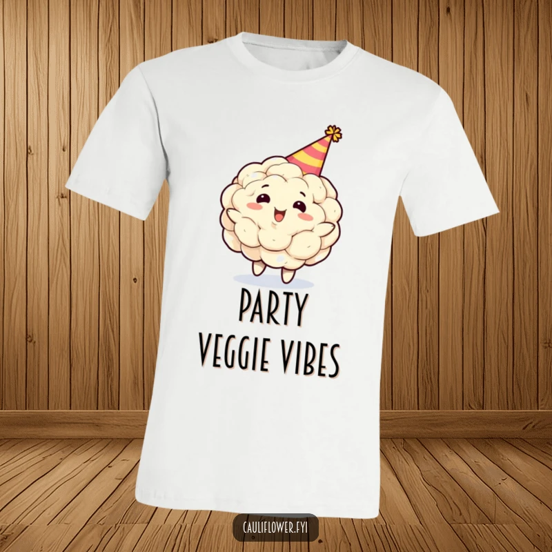 Funny cauliflower character in a party hat, spinning around ecstatically on a t-shirt, showcasing pure happiness and a love for festive occasions.