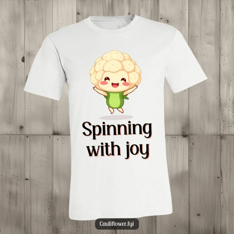 Funny t-shirt showcasing a happy cauliflower floret mid-pirouette, celebrating movement and vegetable-themed delight.