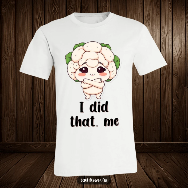 Funny t-shirt depicting a cauliflower with tiny arms crossed in a proud, confident pose, ideal for expressing self-satisfaction.