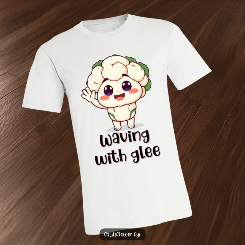 Funny t-shirt with a cauliflower character sporting big, happy eyes and performing a silly, friendly wave, radiating pure joy.