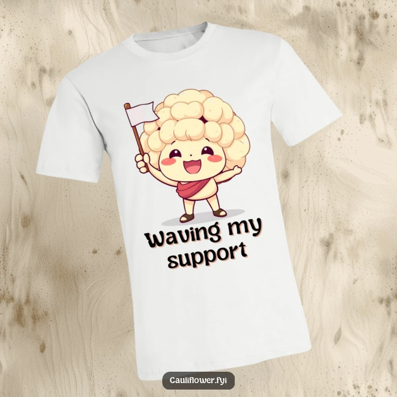 Funny T-shirt of a cauliflower character energetically waving a tiny flag, embodying team spirit and pure happiness.