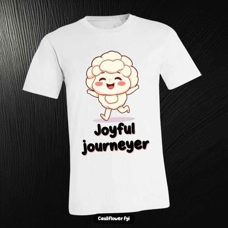 Funny Kawaii cauliflower t-shirt depicts a giggling veggie with rosy cheeks mid-skip, full of innocent joy.
