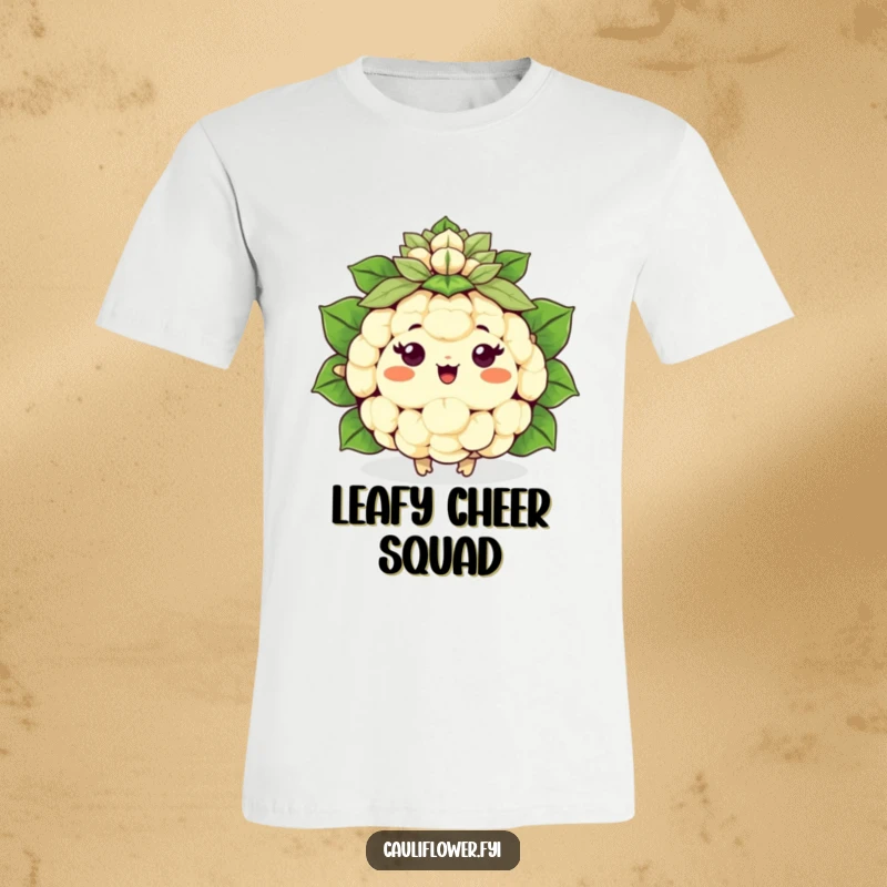 Funny happy Kawaii cauliflower holding a leafy pom-pom, cheering enthusiastically, a humorous t-shirt.