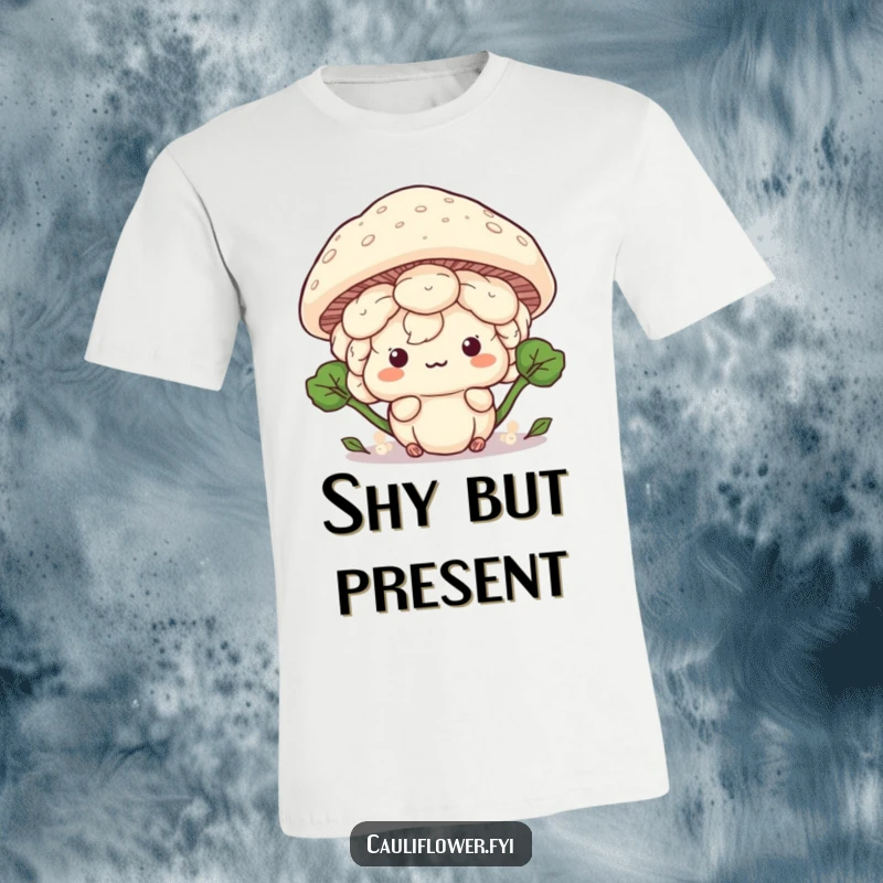 Funny Kawaii cauliflower hiding behind a large mushroom cap, being playful and sneaky, a humorous t-shirt.