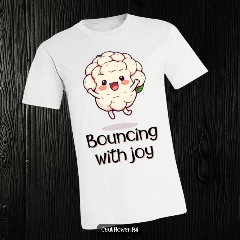 Funny kawaii cauliflower t-shirt showing a joyful hop with a bounce, a cheerful and humorous veggie top.