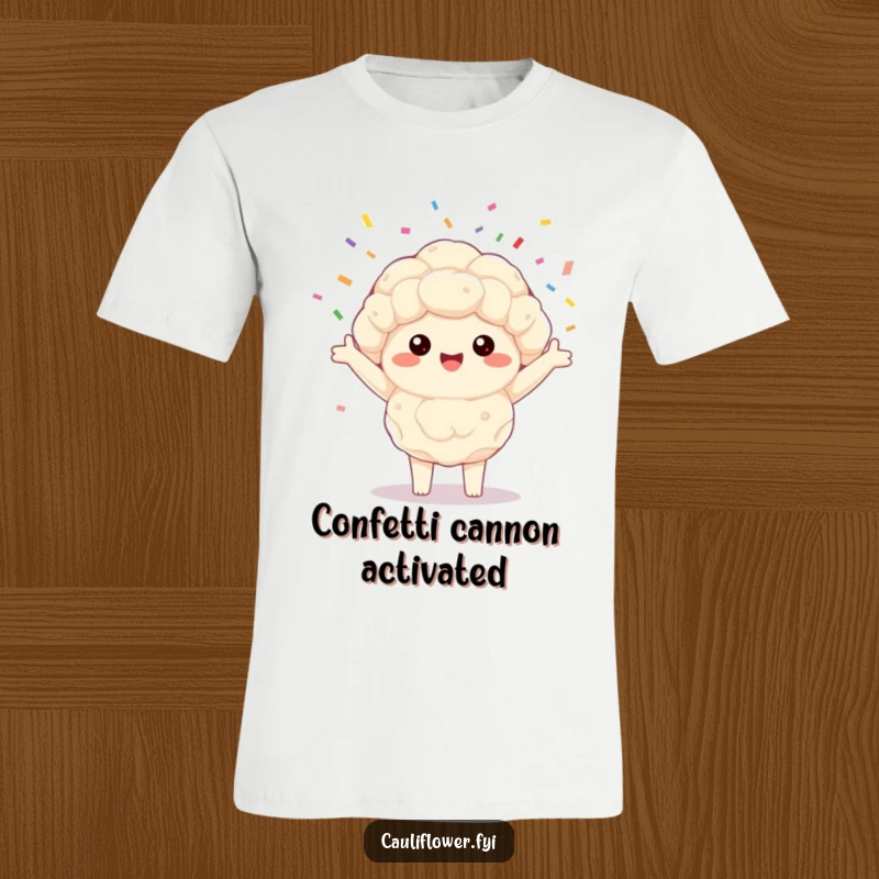 Funny Kawaii cauliflower t-shirt shows a happy veggie spinning confetti, radiating pure joy and celebratory vibes.