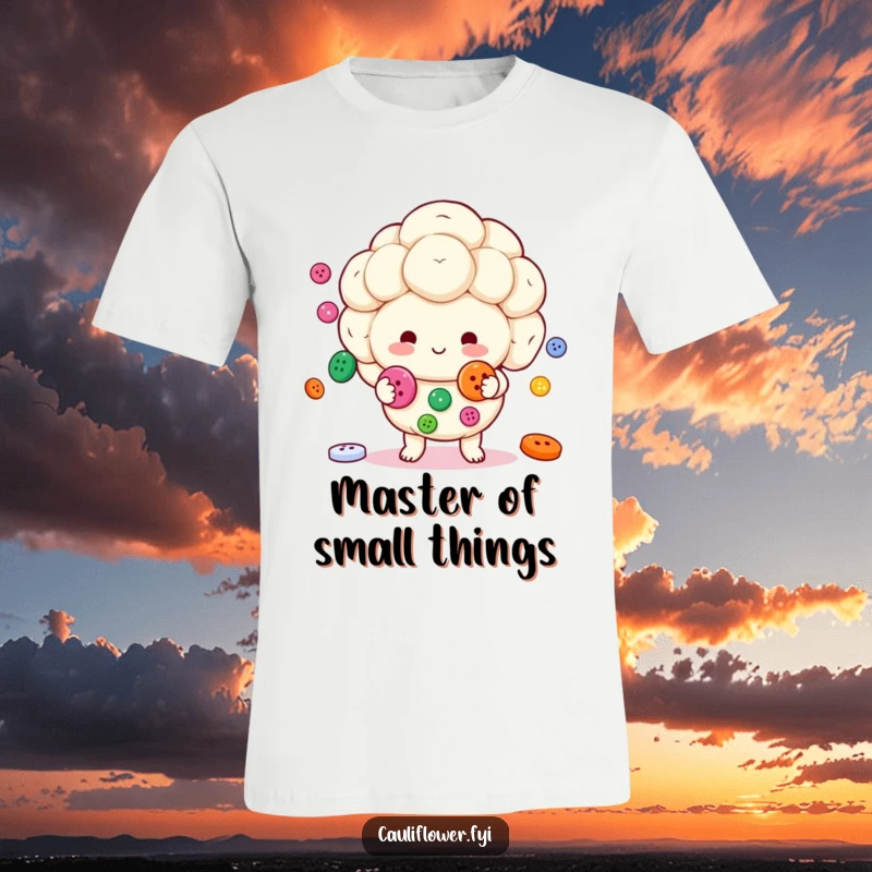 Funny Kawaii cauliflower character cheerfully juggling colorful buttons, depicted on a humorous t-shirt.