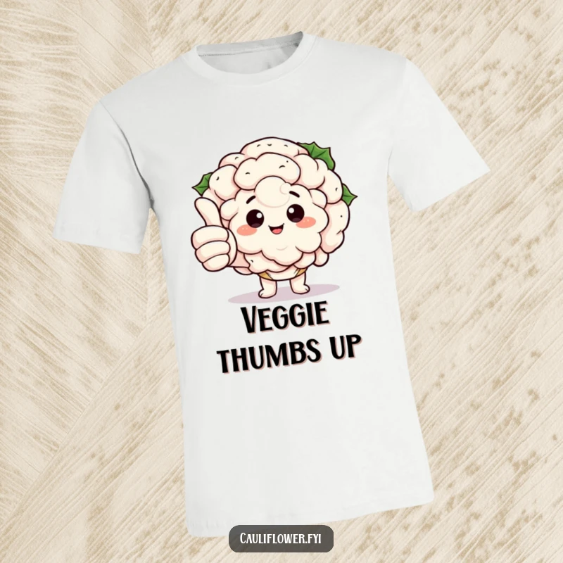 Funny Kawaii Cauliflower T-Shirt: Features a cute cauliflower giving a big thumbs up with comically oversized, green-detailed fingers, a positive veggie message.