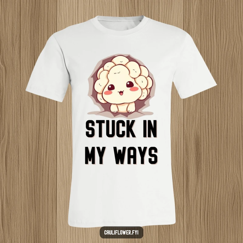 Funny cauliflower t-shirt with a character comically stuck in a hole, showing a sheepish grin, perfect for humorous casual wear.