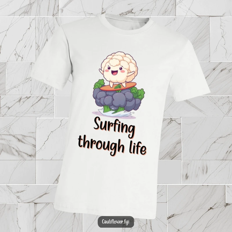 Funny cauliflower with a big grin, expertly surfing on a giant broccoli floret, radiating pure joy and adventure.