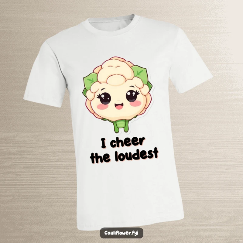 Funny t-shirt showcasing a cauliflower character with big, ecstatic eyes enthusiastically cheering, ideal for expressing pure joy.