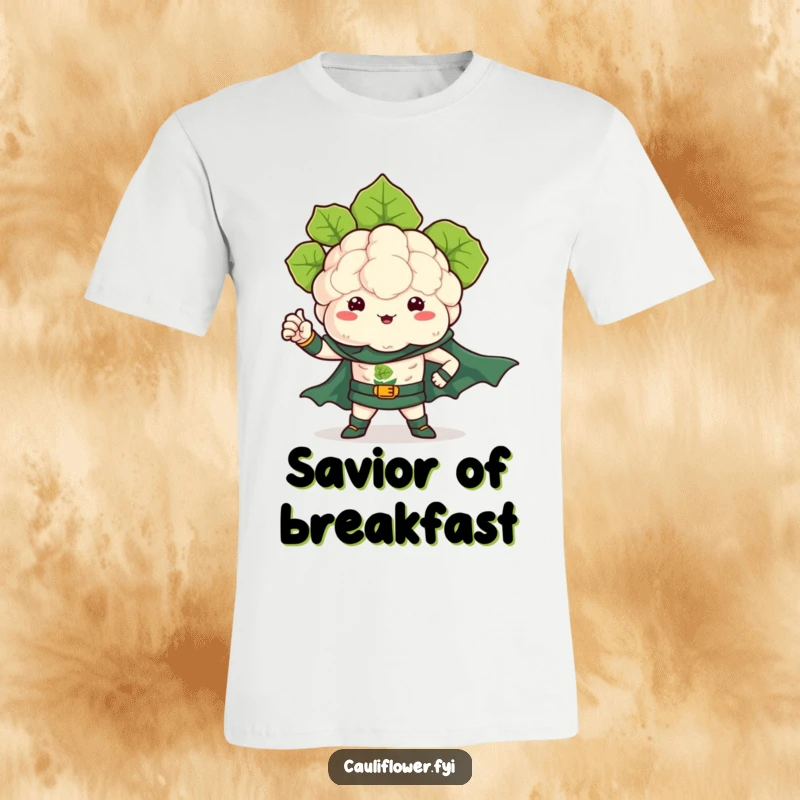 Funny T-shirt showcasing a kawaii cauliflower in a superhero costume, flexing a small leafy arm with pride.