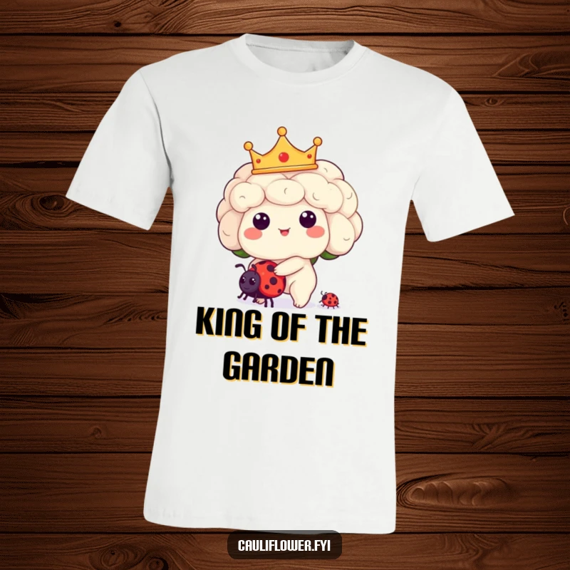 Funny Kawaii cauliflower character in a crown, riding a cute ladybug, printed on a funny t-shirt.