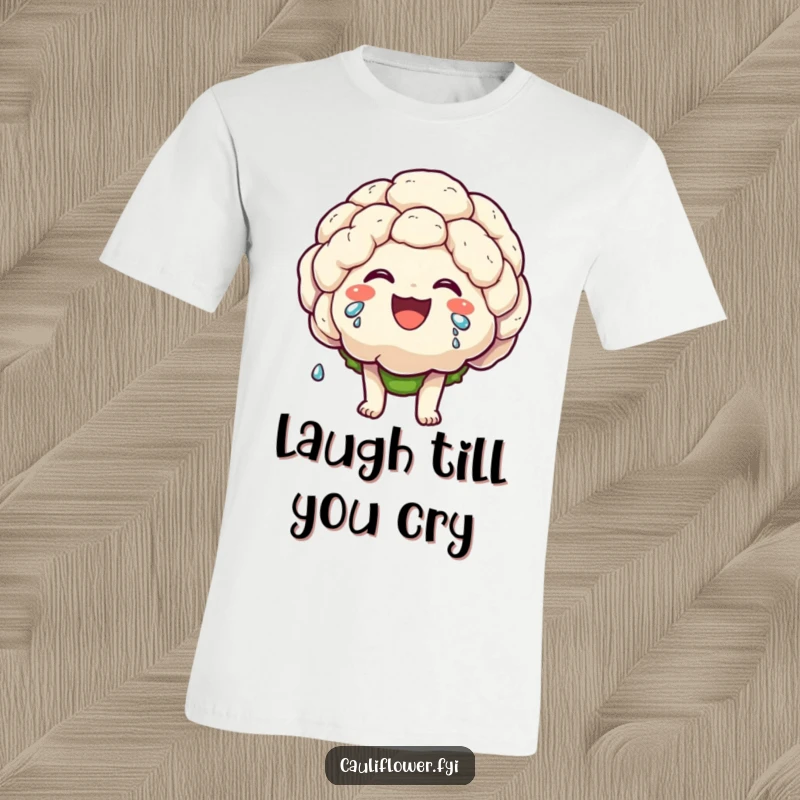 Funny t-shirt depicting a kawaii cauliflower character laughing uncontrollably, with happy tears streaming down its cheeks.