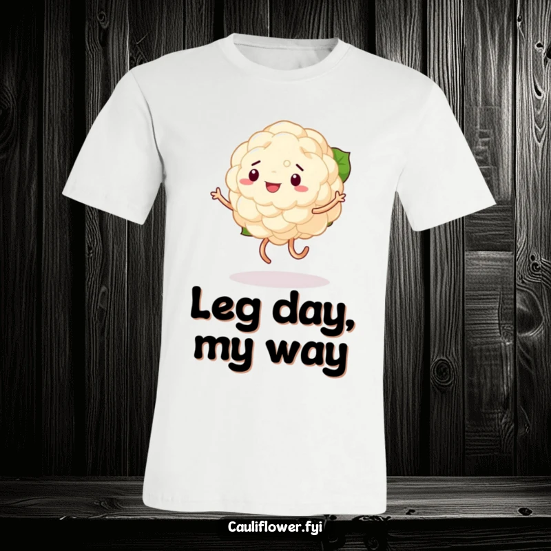 Funny t-shirt displaying a cauliflower with comically unstable legs, captured mid-silly dance, looking utterly uncoordinated but full of glee.