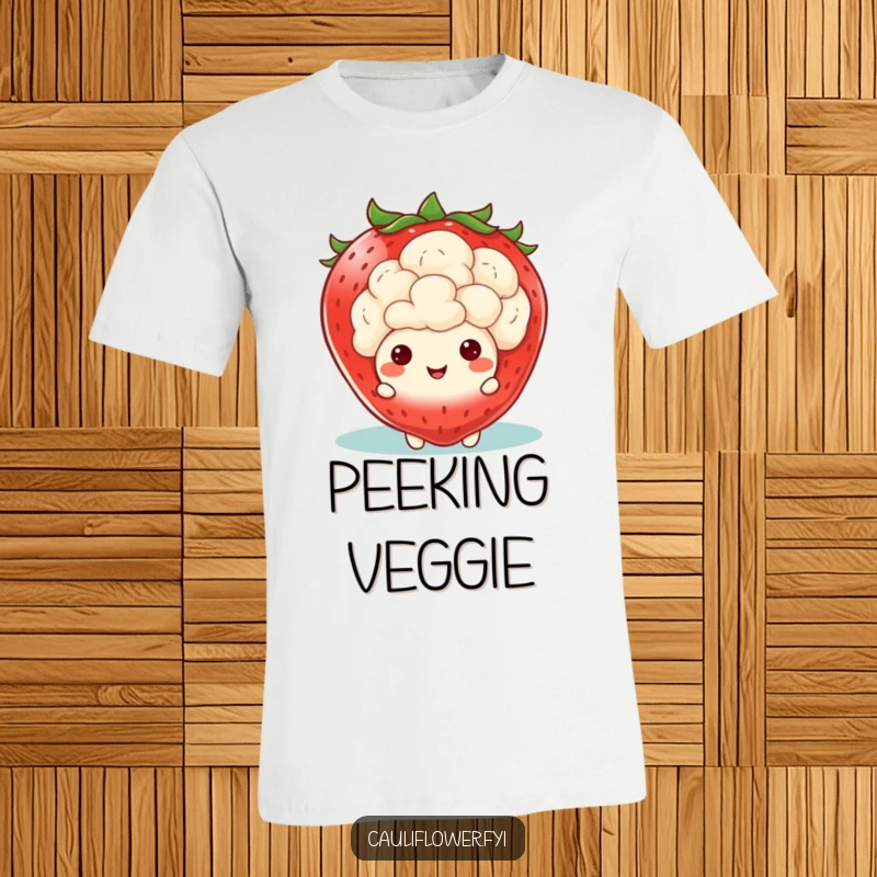 Funny Kawaii Cauliflower T-Shirt: Features a cauliflower character peeking out from behind a large smiling strawberry, a humorous and endearing scene.