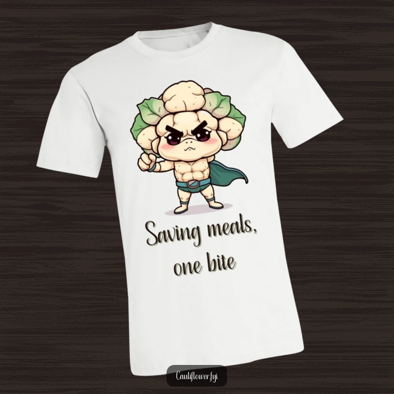 Funny Cauliflower T-Shirt showcasing a determined veggie hero in a classic superhero stance, radiating strength and humor.
