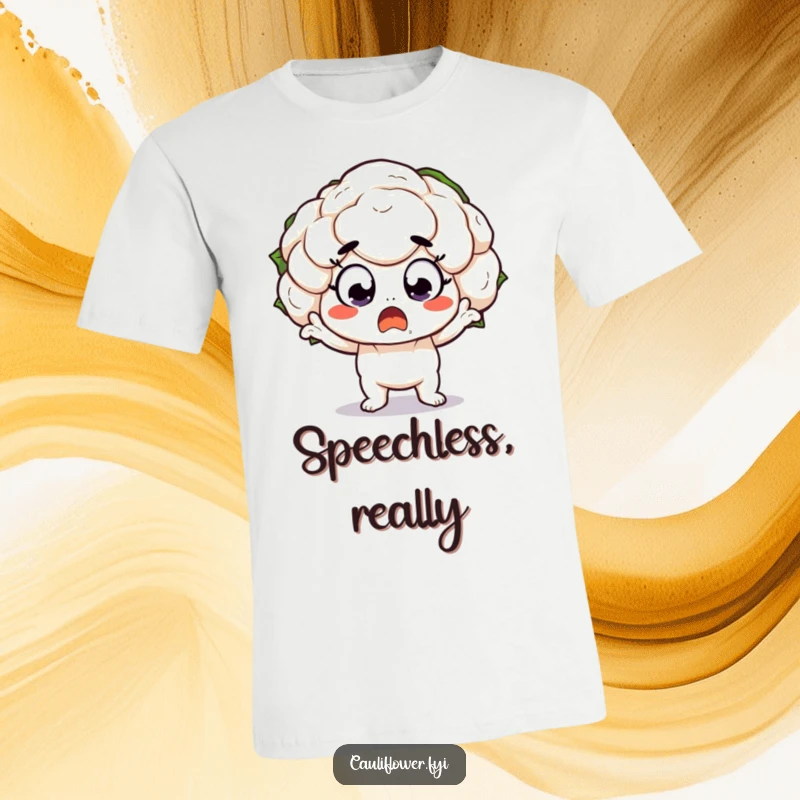 Funny T-Shirt featuring a kawaii cauliflower character with wide, surprised eyes in a dramatic pose, perfect for expressing shock.