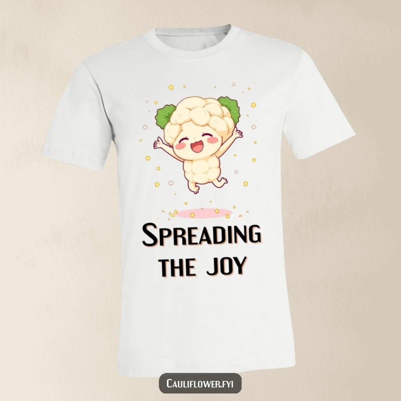 Funny t-shirt with a cauliflower character joyfully leaping, scattering tiny florets like confetti, capturing pure, unadulterated happiness.