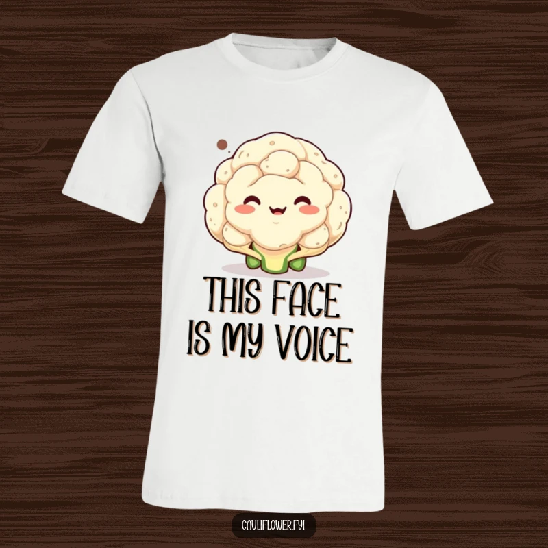 Funny t-shirt showcasing a cauliflower with a dramatically funny grimace in a speech bubble, inviting curiosity and laughter.