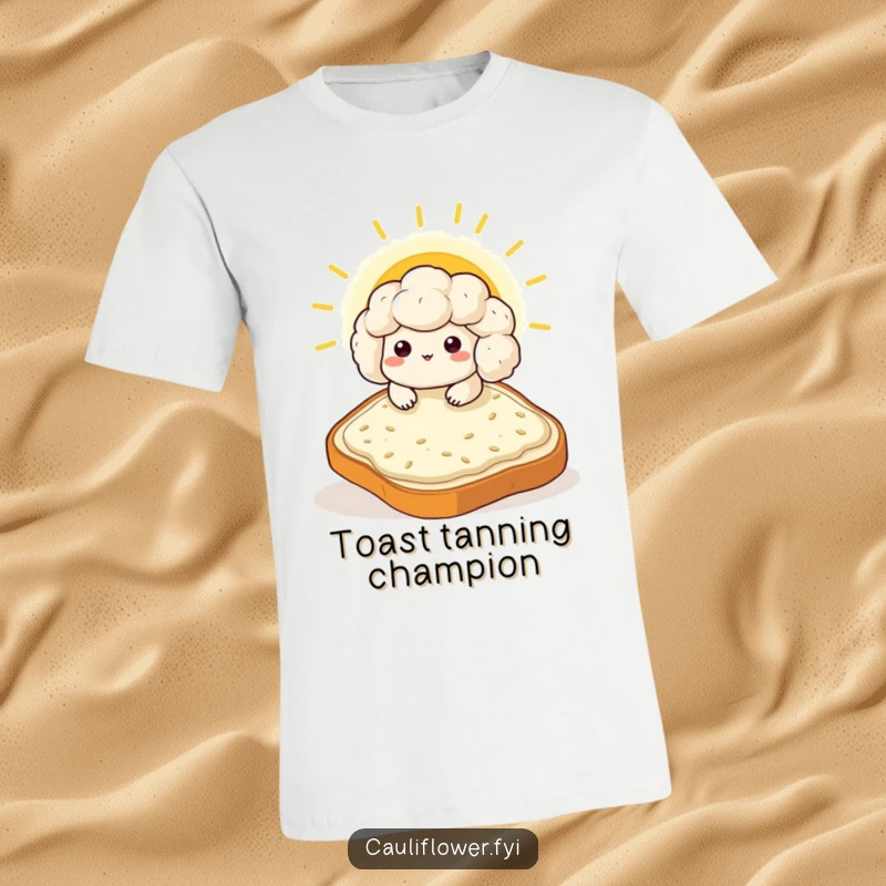 Funny Kawaii cauliflower sunbathing on a huge toast slice, looking content, a humorous and relaxed t-shirt.