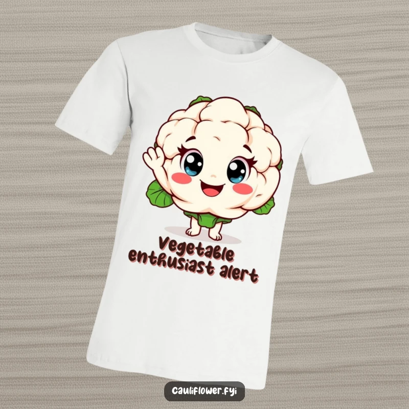 Funny cauliflower t-shirt with a cheerful character waving hello, showcasing a happy vegetable in a friendly gesture, ideal for casual wear.