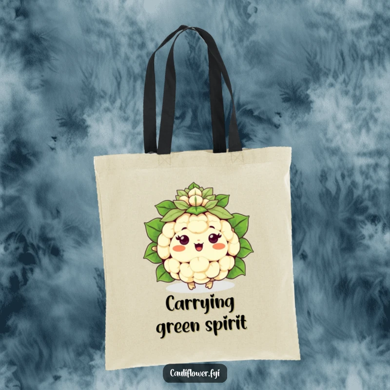 Funny happy Kawaii cauliflower cheering with a leafy pom-pom, a humorous and practical tote bag.
