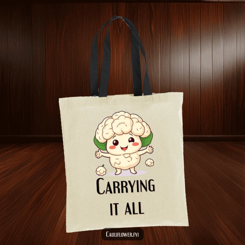 Smiling cauliflower character juggling three little florets on a tote bag, adding skill and humor, funny gift.