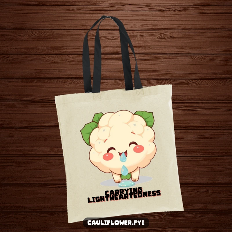 Funny tote bag with a giggling cauliflower piece precariously balancing a dewdrop, perfect for carrying essentials with whimsical delight.