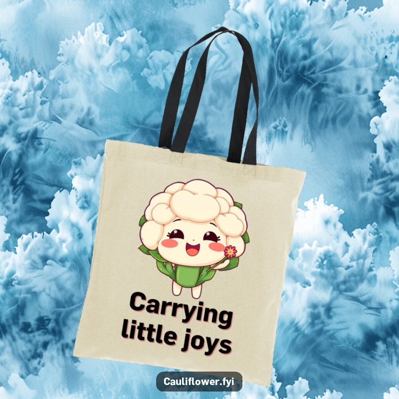 Funny tote bag showcasing a delighted cauliflower character offering a tiny, sparkling flower with a sweet, beaming expression.