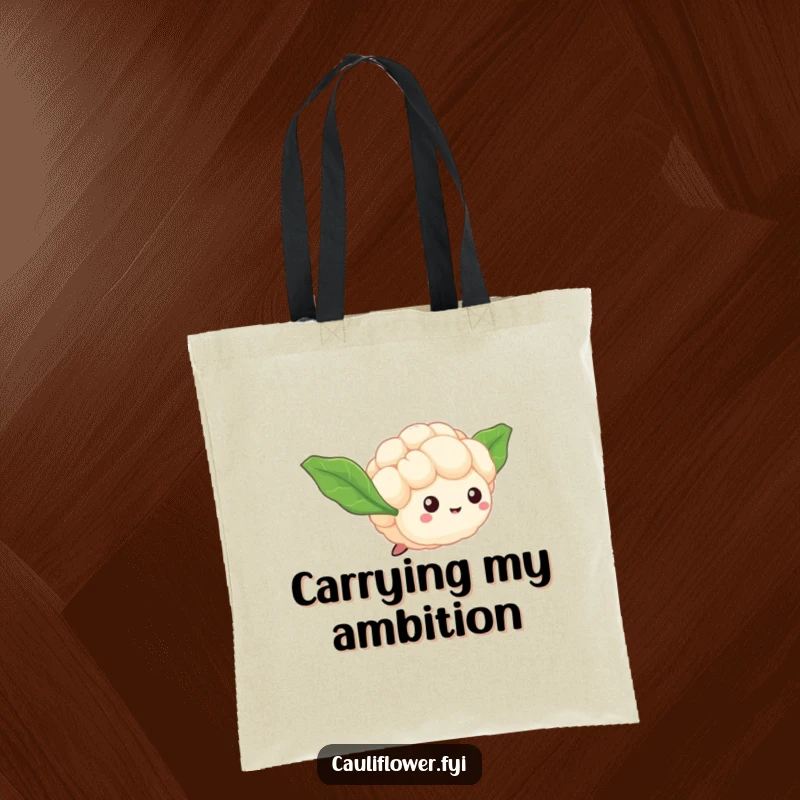 Funny Cauliflower Floret Tote Bag showcases a tiny veggie with leaf wings, humorously attempting flight and carrying dreams.
