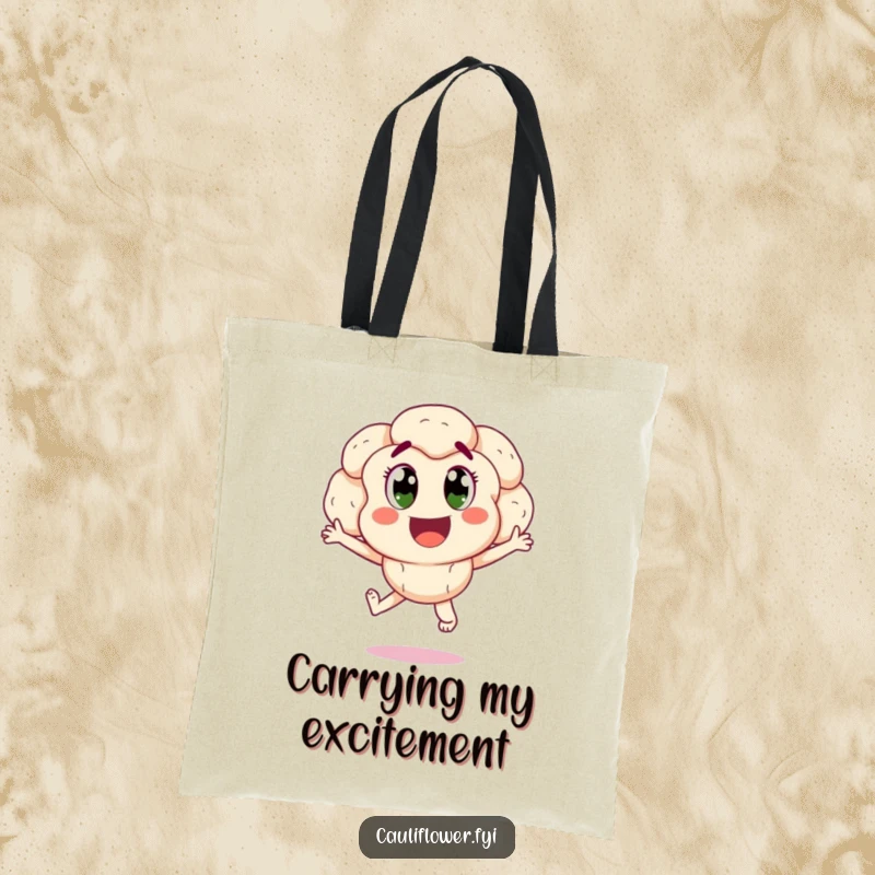Funny happy cauliflower jumping for joy, a humorous and vibrant tote bag for carrying essentials.