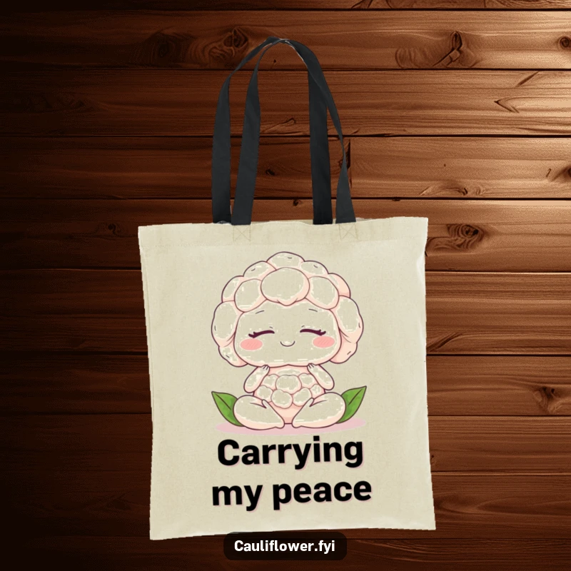 Funny cauliflower meditating peacefully, eyes closed with a smile, ready to carry your items serenely.