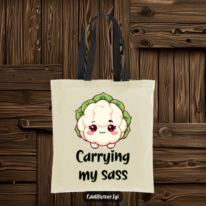 Funny kawaii cauliflower tote bag with sparkling eyes and a raised eyebrow, a humorous and stylish carry-all.