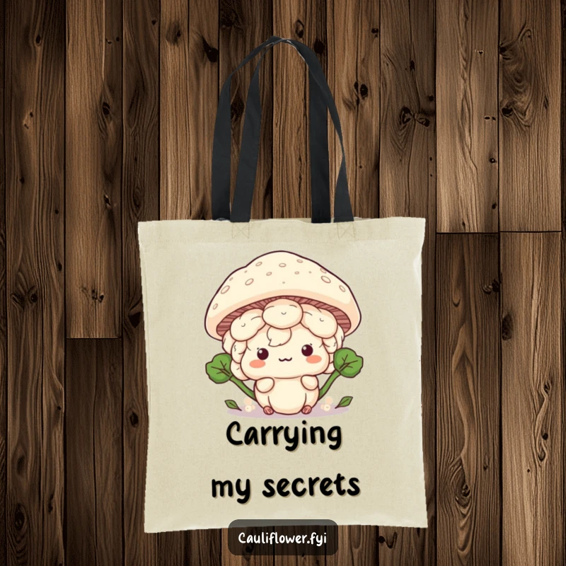 Funny Kawaii cauliflower hiding behind a giant mushroom cap, a humorous and practical tote bag.