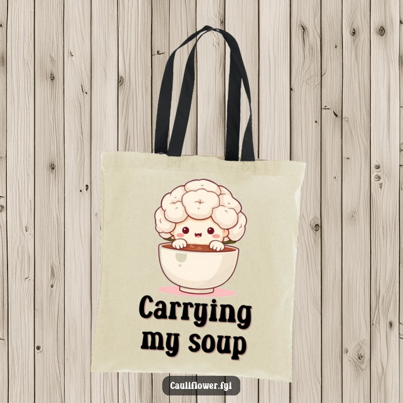 Funny cauliflower character peeking over a tiny steaming bowl with delight on a tote bag, ideal for carrying groceries with a side of culinary joy.