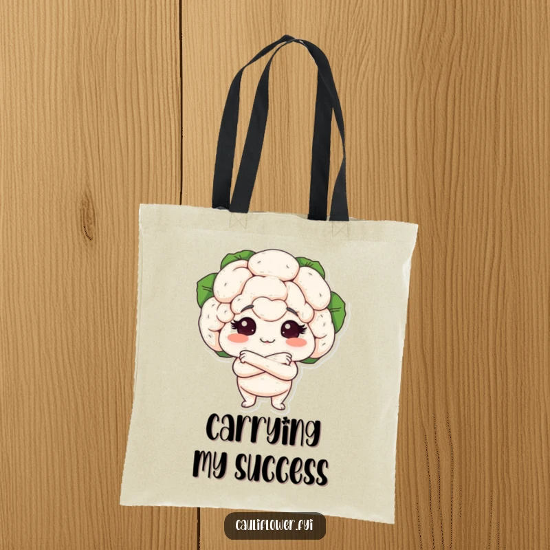 Funny tote bag with a cauliflower head and arms crossed assertively, looking proud, perfect for carrying items with a confident attitude.