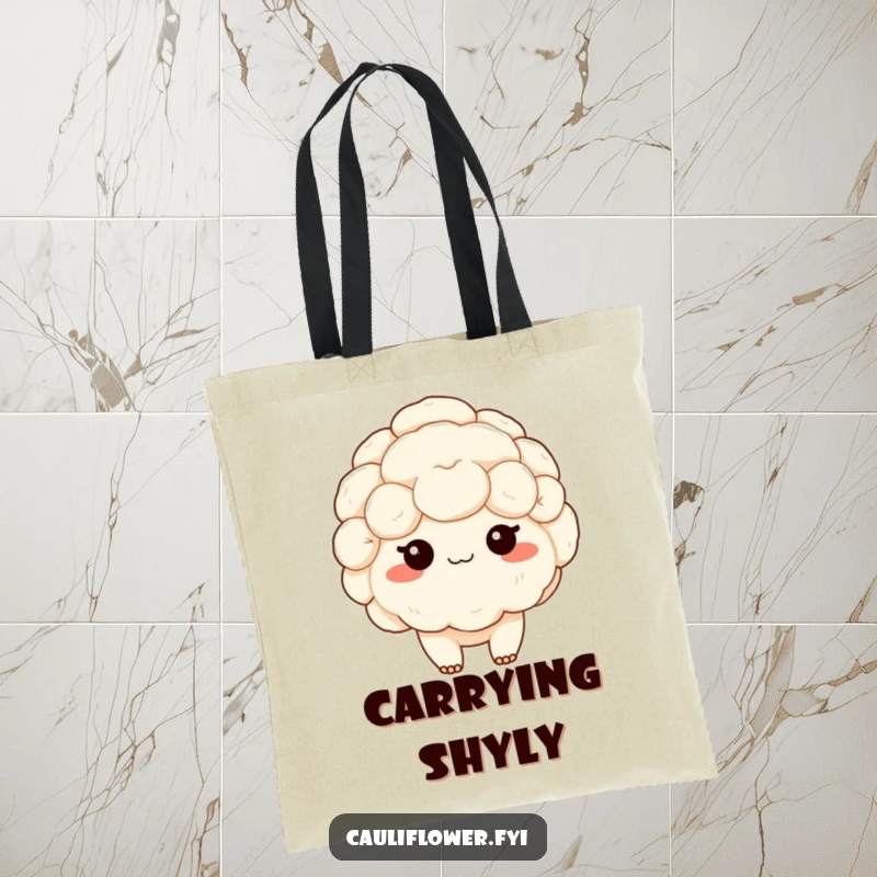 Funny tote bag with a shy kawaii cauliflower blushing, radiating sweet bashfulness and adorable charm for everyday use.
