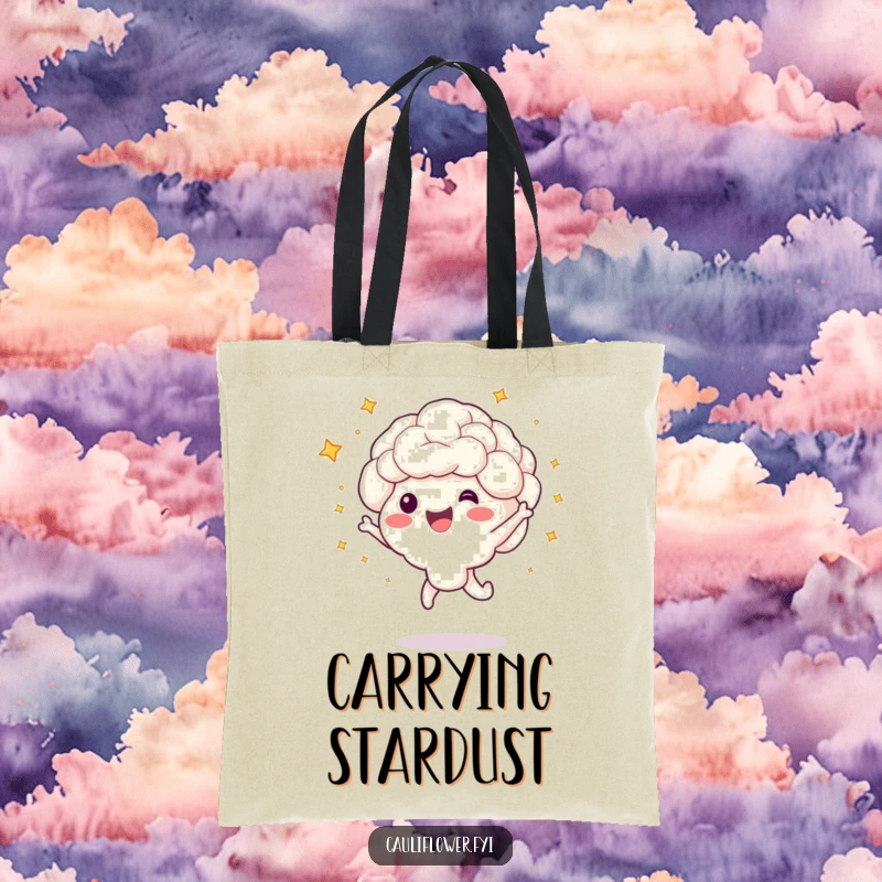 Funny tote bag showcasing a cauliflower character joyfully jumping, surrounded by bursting little stars.