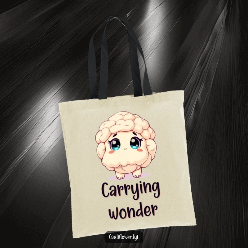 Funny tote bag with a smiling cauliflower character looking up with wide, sparkling eyes, full of innocent curiosity.