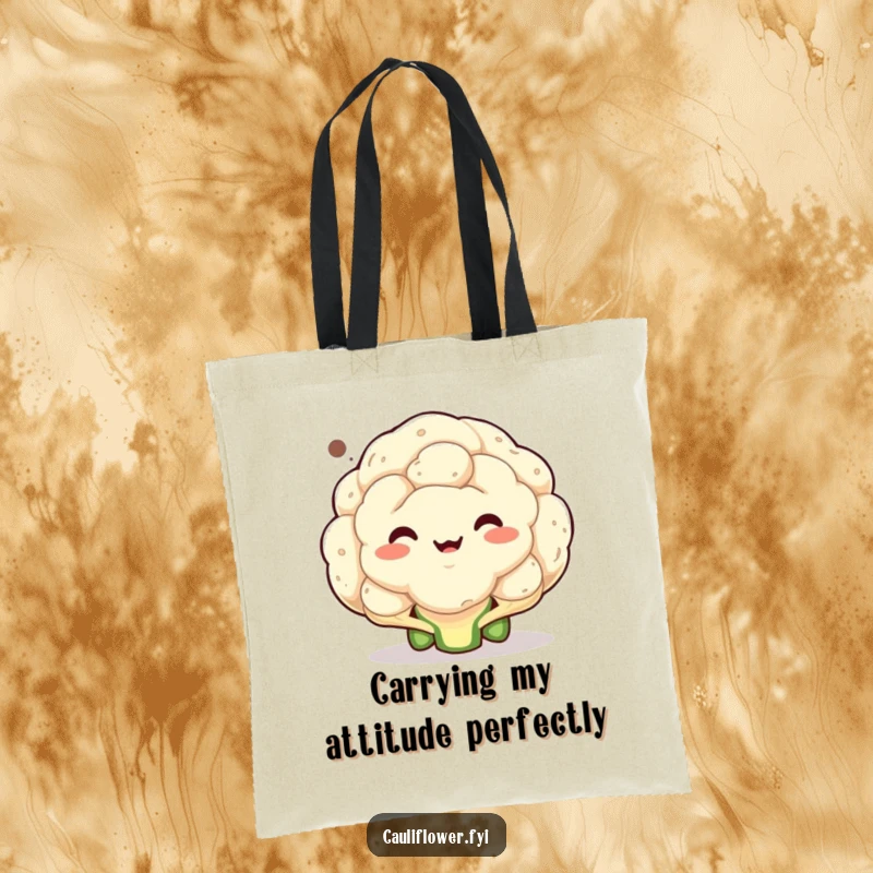 Funny tote bag featuring a cauliflower making a hilarious, exaggerated face inside a speech bubble, ready for conversations.
