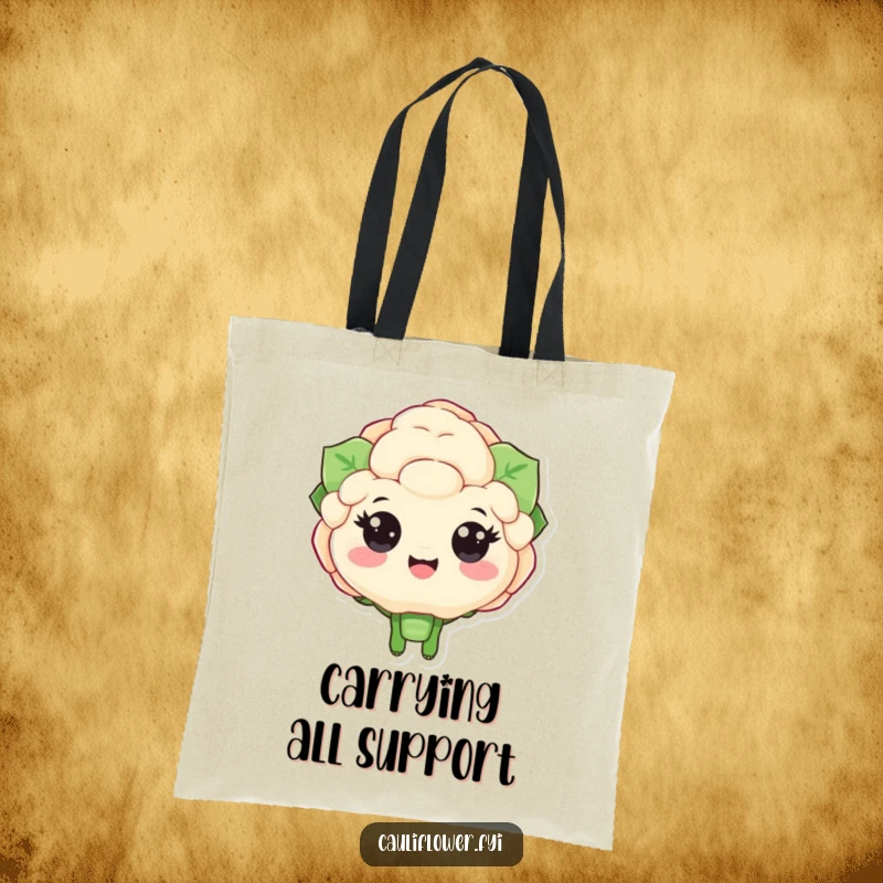 Funny tote bag with a big-eyed cauliflower character cheering wildly, perfect for carrying essentials with an infusion of vibrant energy.