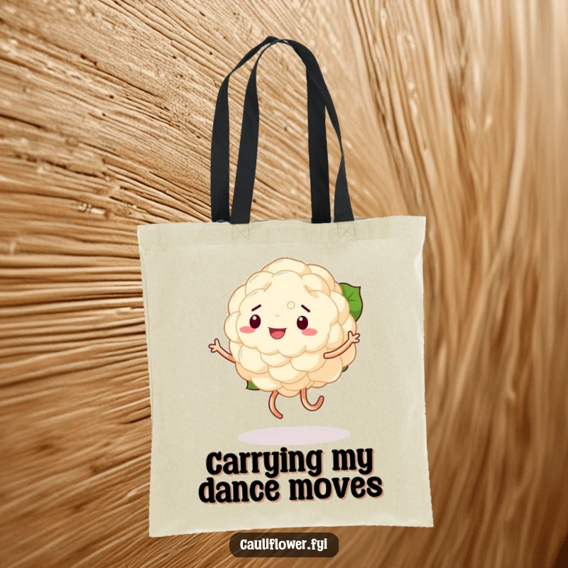 Funny tote bag illustrating a cauliflower performing an energetic, uncoordinated dance with shaky legs, bringing smiles to onlookers.