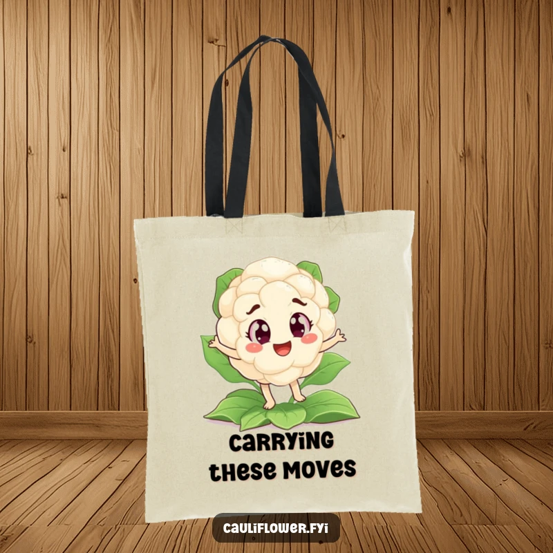 Funny tote bag depicting a cauliflower character with wide, excited eyes doing a comical jig on green leaves.