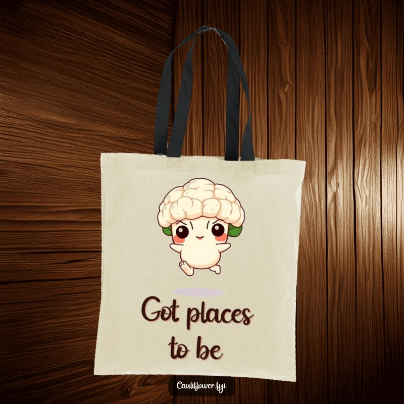 Funny tote bag depicting a cauliflower with small, determined feet in a dynamic leaping pose, perfect for stylish, humorous errands.