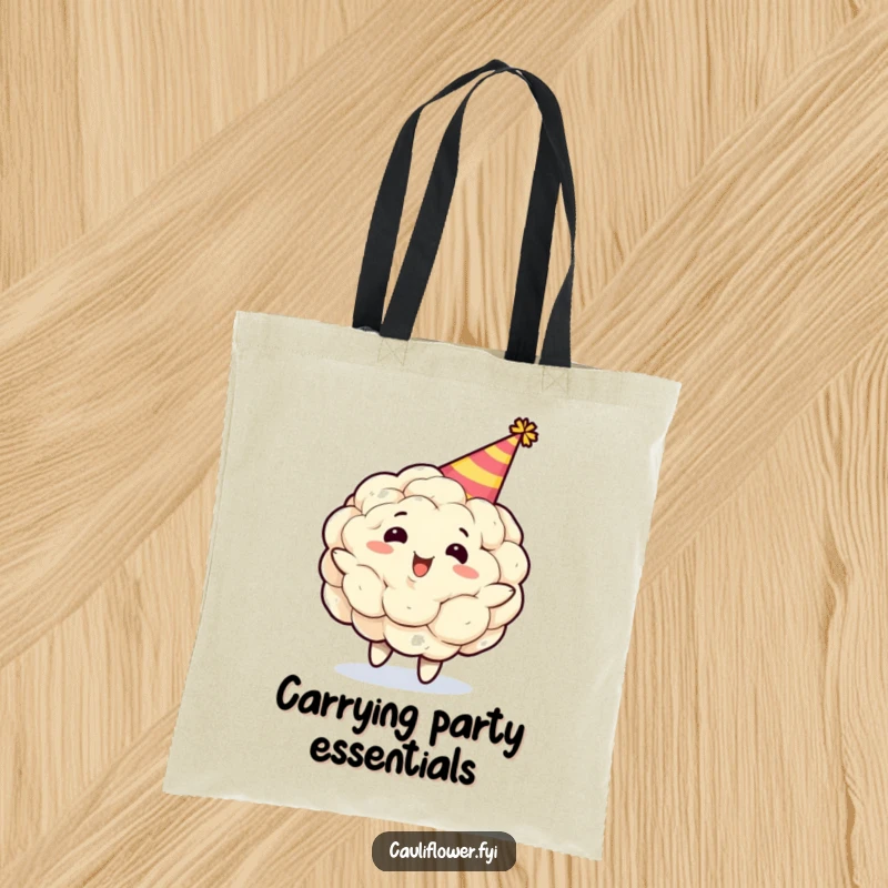 Funny cauliflower character in a party hat, spinning gleefully on a tote bag, ideal for carrying groceries with a side of laughter.