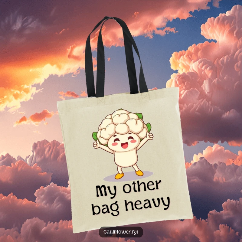Funny cauliflower character winning a vegetable race, depicted on a durable tote bag, ready for shopping and fun.