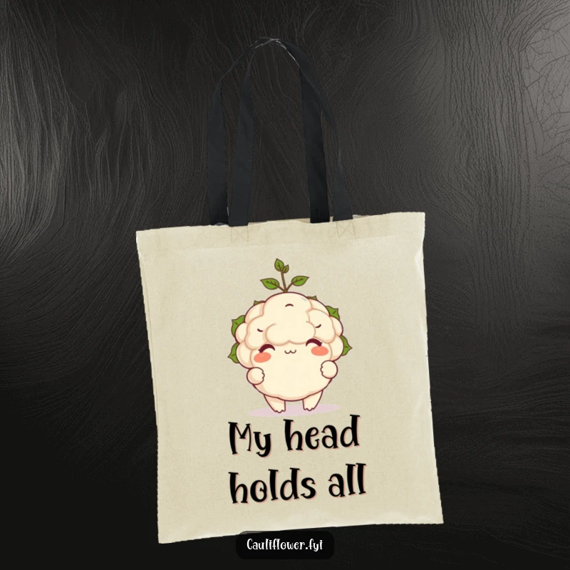 Funny tote bag with a plump, happy cauliflower character expertly balancing a tiny sprout on its head.