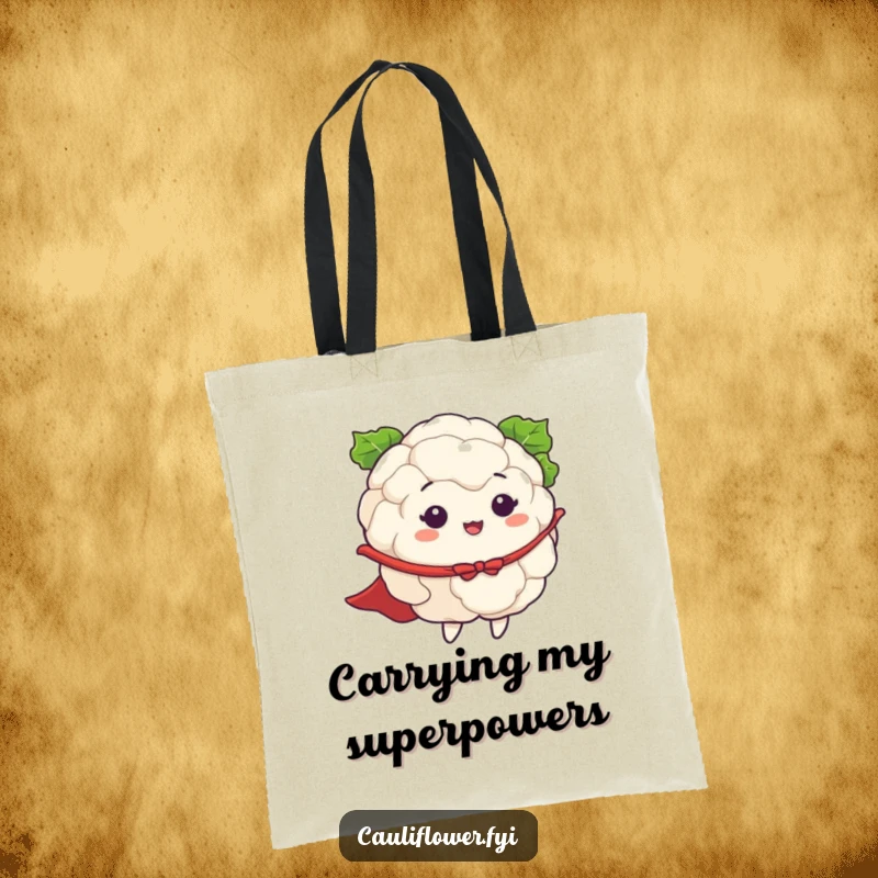 Funny tote bag illustrating a cauliflower wearing a cape and pretending to fly, ready to carry your items with superhero flair.