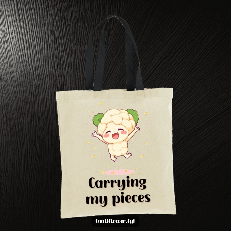 Funny tote bag with a cauliflower character joyfully leaping, scattering tiny florets like confetti, ideal for shopping or daily use.